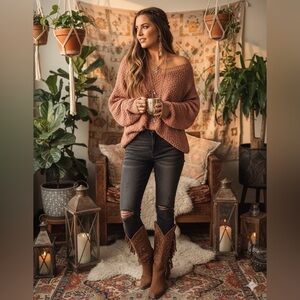 Zenana Outfitters Oversized Popcorn Knit V-Neck Sweater Rose Pink XL Extra Large